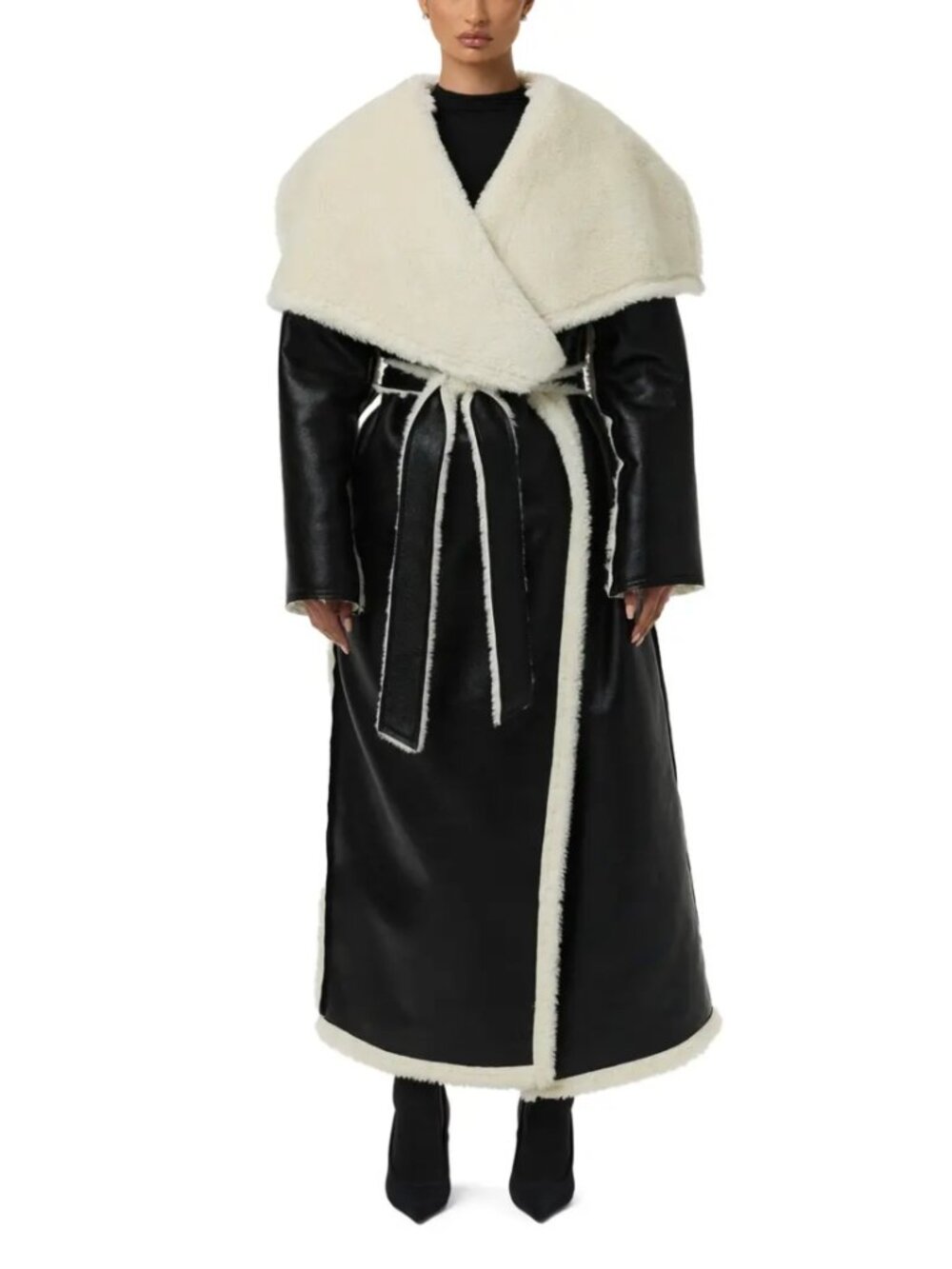 Naked Wardrobe Reversible Faux Shearling Jacket Black Cream Belted Size S NWT